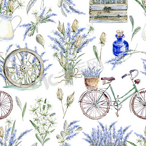 水彩写实插画。花卉无缝图案。普罗旺斯.复古自行车, 薰衣草木