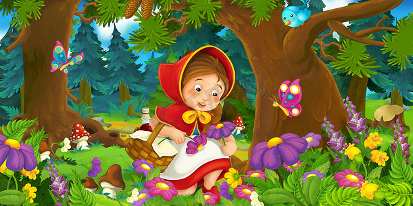 卡通场景摄影照片_卡通场景上多彩的森林里一个快乐的女孩