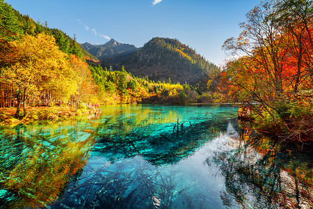 Beautiful view of the Five Flower Lake with azure water