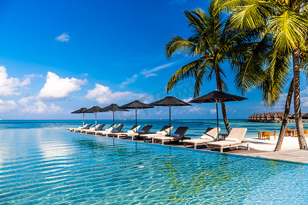 豪华泳池配有太阳床、甲板椅和棕榈树。宁静的豪华假期背景。娱乐和放松海滩场面