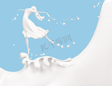 飞溅牛奶和女孩查出的蓝色背景, 抽象3d 渲染