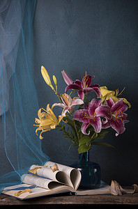 彩色百合花在花瓶蓝色背景