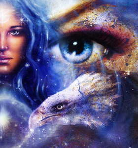 contact摄影照片_Goddess Woman in space with light stars and eagles head, women  Eye contact, Abstract color background.