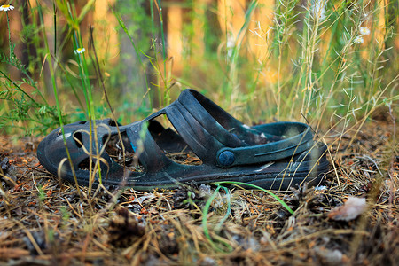 环境污染。森林污染概念。森林里的橡胶拖鞋。森林中的垃圾。人们非法在森林里扔垃圾. 