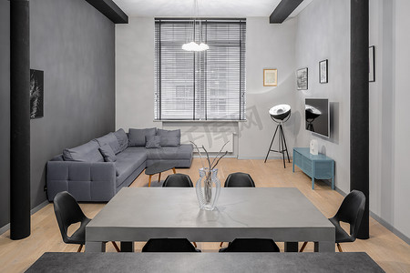 阁楼式公寓的小客厅和有六张椅子的现代餐桌