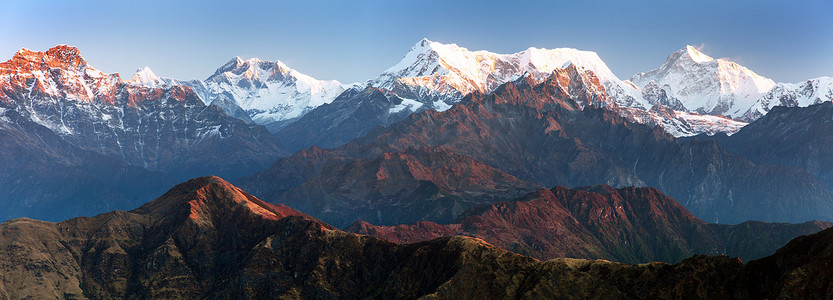 清晨全景从 Silijung 山登上珠穆朗玛峰洛子峰和马卡鲁峰, 大喜马拉雅山脉, 尼泊尔喜马拉雅山山脉