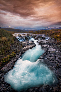 during摄影照片_Bruarfoss Waterfall in Southern Iceland during Sunset, post processed in HDR