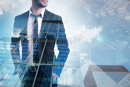 无法辨认的商人站在他的手在摩天大楼背景与信息图表界面前景的口袋。由 Nasa 提供的图像的色调图像双重曝光元素