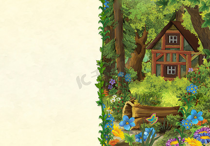 卡通场景与美丽的中世纪木结构房屋隐藏在森林-与空间为文本-例证为孩子