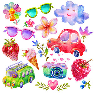 可爱的手绘卡通夏天水彩设置。云、 花、 草莓、 莲花、 莉莉、 眼镜、 心、 相机、 冰淇淋、 巴士、 汽车、 覆盆子图孤立在白色背景上。完美的花园