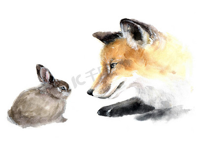 插画狐狸摄影照片_非常漂亮可爱水彩狐狸和兔子。动物剪影水彩素描。野生动物艺术插画。水彩图形的面料、 明信片、 贺卡、 书