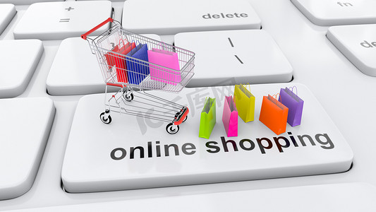 电子帐单摄影照片_网上购物和购物车订购单概念与互联网和消费者袋