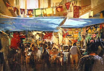 丰富多彩的街头市场，插图绘画