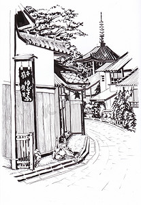 日本小镇的街道。旧的日本房子的道路。房子附近有两只猫。在远处, 寺庙是可以看见的。墨迹素描.