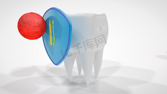 盾牌图片摄影照片_隐藏在盾牌后面的人类牙齿的3d插图。保健、治疗和预防的理念。3d 渲染在白色背景上隔离。牙膏广告图片.