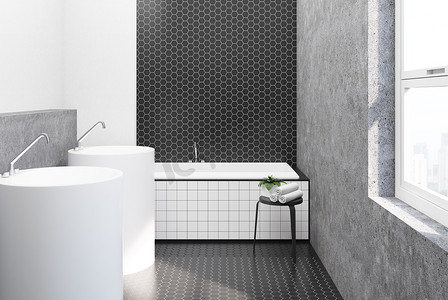六角瓷砖白色和黑色的浴室, 水槽