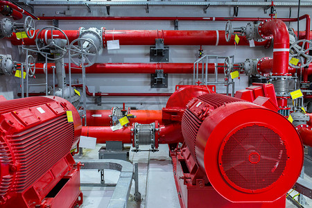 水泵水泵摄影照片_工业消防泵站。可靠和无故障的设备。自动灭火系统控制系统。用于洒水的功率强大的电水泵、阀门和管道.