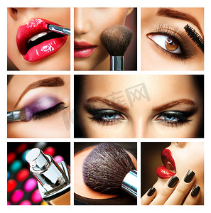 collage摄影照片_Makeup Collage. Professional Make-up Details. Makeover