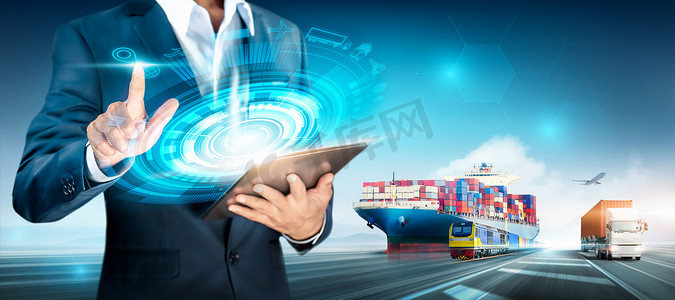 智能物流和运输进出口概念，全球商业物流网络分配货轮，货机，货运列车，集装箱卡车工业港口背景
