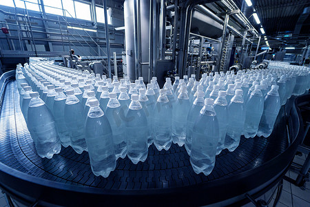 现代饮料制造厂内装有瓶装水的输送带.
