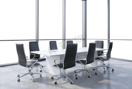 Panoramic conference room in modern office, copy space view from the windows. Black chairs and a white table. 3D rendering.