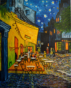 在帆布上画油画。免费复制，取材自Vincent Van Gogh的名画- - Forum Square的Cafe Terrace, Arles, 1888.
