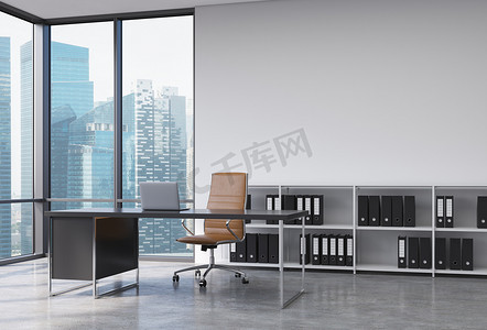 A CEO workplace in a modern corner panoramic office with Singapore city view. A black desk with a laptop, brown leather chair and a bookshelf with black document folders. 3D rendering.