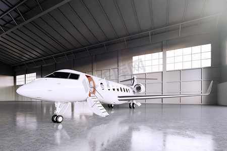 白色哑光豪华通用设计私人喷气式飞机在机库机场的图像。混凝土地板。商务旅行图片。水平、前角视图。电影效果。3d 渲染.