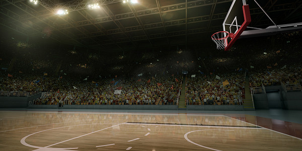 职业篮球赛场。与体育迷论坛。3d 插图
