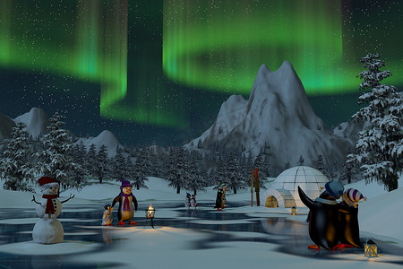 企鹅3d摄影照片_企鹅在冬季景观，3d 北极光下呈现