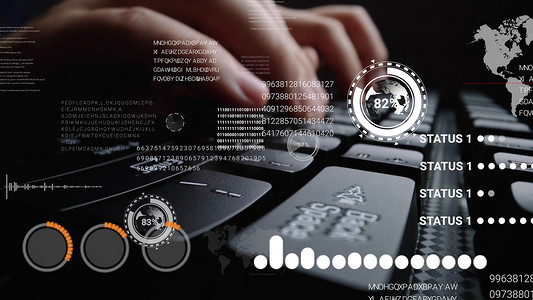 编程的字体摄影照片_用图形用户界面图形用户界面GUI全息图进行笔记本电脑键盘工作的人，展示了大数据科学技术、数字网络连接和计算机编程算法的概念.