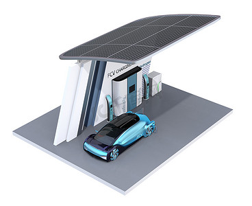 燃料电池驱动的自主汽车填充气体在燃料电池氢站配备了太阳能电池板。3d 渲染图像.
