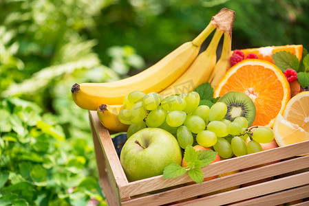 花园摄影照片_一筐新鲜的水果,有香蕉,苹果,葡萄,绿色的猕猴桃在花园的背景.健康及维他命食物。夏季收获.