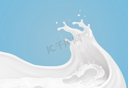 光明牛奶摄影照片_白色牛奶或酸奶，波状飞溅，在蓝色背景上隔离，3D渲染包括剪切路径.