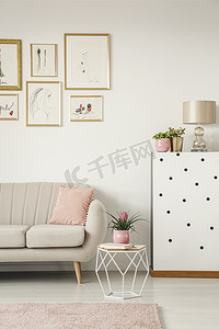一张沙发, 现代茶几, 画和灯的裁剪照片在一个甜美的客厅内部
