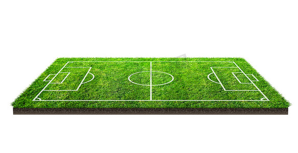 足球场或足球场上的绿草图案纹理隔离在白色背景与剪裁路径。足球体育场背景与绿色草坪的线样式.