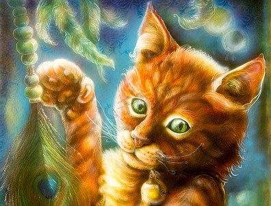 feather摄影照片_Beautiful fantasy colorful painting of a radiant orange cat head playing with a peacock feather, eye contact, head detail close up