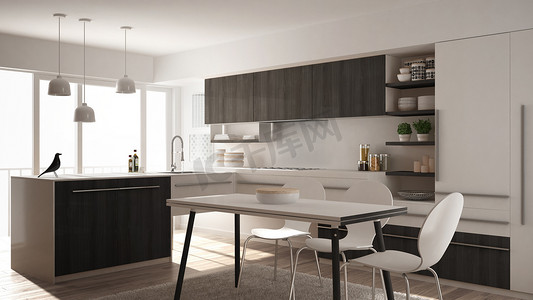 现代简约木制厨房配有餐桌、地毯、全景窗、白灰色建筑室内设计