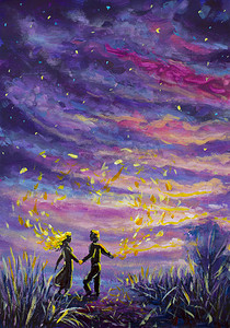 原始绘画抽象男女在日落时跳舞。夜, 自然, 山水, 紫色星空, 浪漫, 爱情, 感情, 宇宙;空间.童话