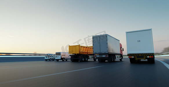 公路上一排排的商业运货车辆.速递、货物物流和货运概念.3d渲染.