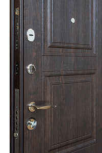 硬核开门摄影照片_开门。门锁, 深褐色的门特写。现代室内设计, 门把手。新的房子概念。房地产.