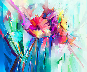 抽象多彩油画画布上。半抽象的花，黄色和红色与蓝色颜色的图片. 