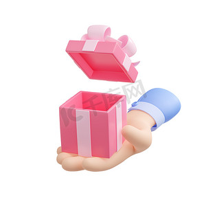 3D渲染手持打开的礼品盒粉红缎带。生日惊喜，奖金，圣诞节，新年假期或结婚礼物，卡通塑料风格的白色背景图解
