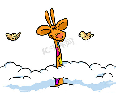 手绘卡通猪背影摄影照片_长颈鹿高高的云层卡通