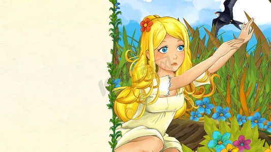 卡通童话场景与美丽的年轻女孩在草地上看着飞行布谷鸟-与框架为文本-例证为孩子