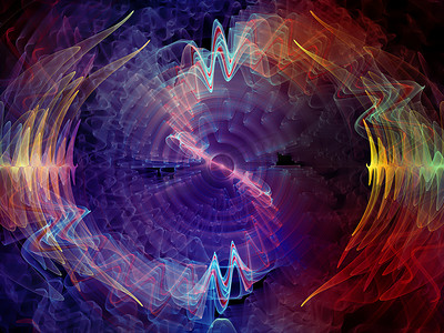 彩色音乐背景摄影照片_波函数系列。彩色正弦振动、光和分形元素在声均衡器、音乐谱和量子概率问题上的背景组成