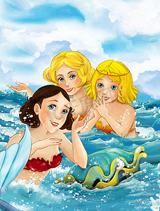 卡通儿童游泳摄影照片_美人鱼与大壳在海中游泳