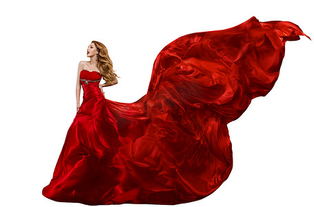 女人时尚红色衣服，挥舞着在风，飞丝织物上的礼服