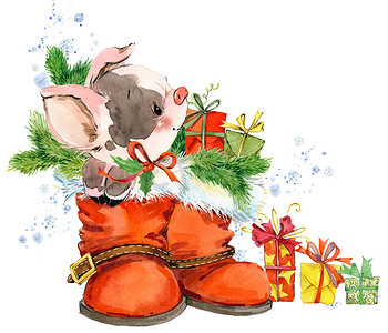 猪年摄影照片_中国的猪年。新年贺卡。水彩卡通小猪插图。冬季假期手画背景