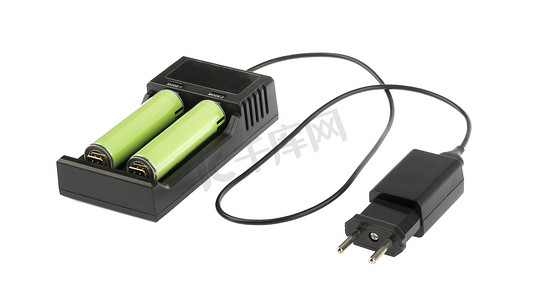 isolated摄影照片_Battery Charger with 3.7V 18650 Lithium Battery Rechargeable isolated on white background without shadow